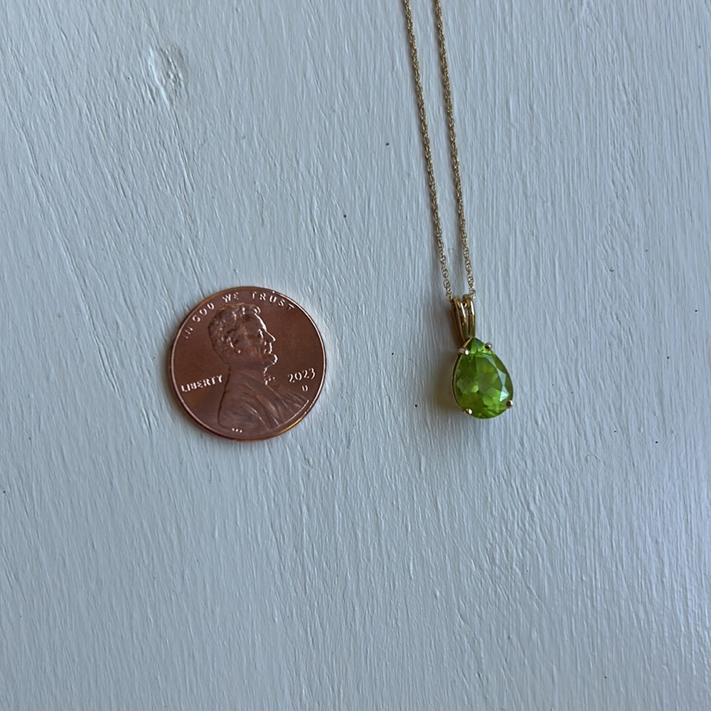 Peridot Pear shaped pendant on fine gold chain 14k